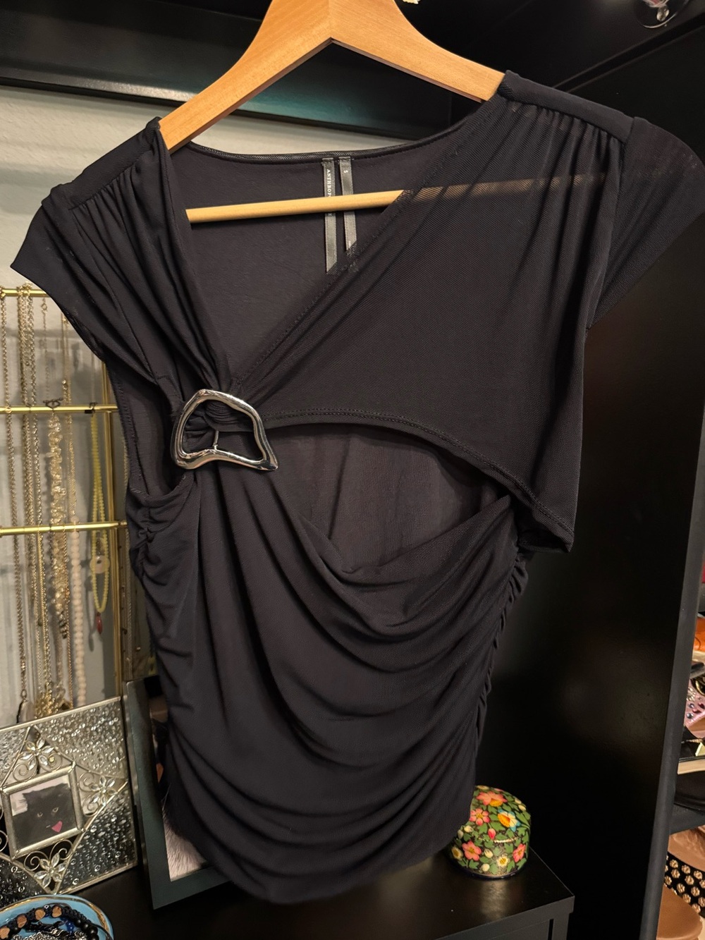 Anthropologie Goth Black Mesh Cap-Sleeve Top with Decorative Buckle 🖤🍂